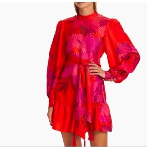 FARM Rio Red and Pink A-line Mini Dress with Bishop Sleeves